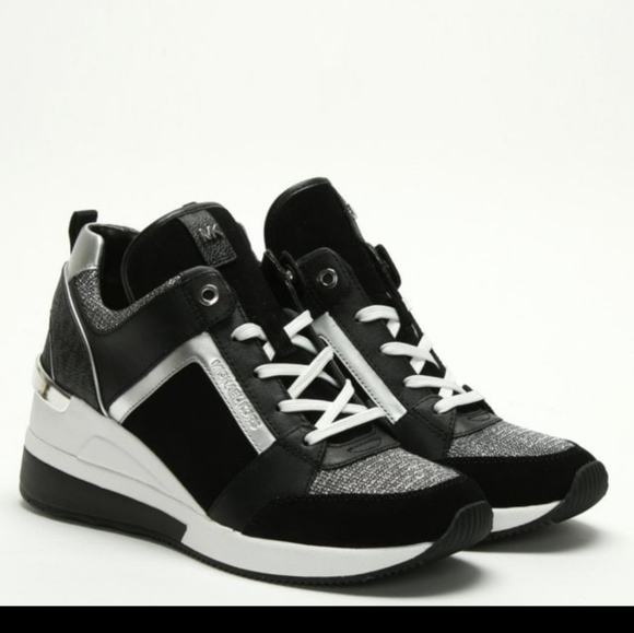 MK Liv Mixed Media Wedge Trainers - Picture 1 of 16